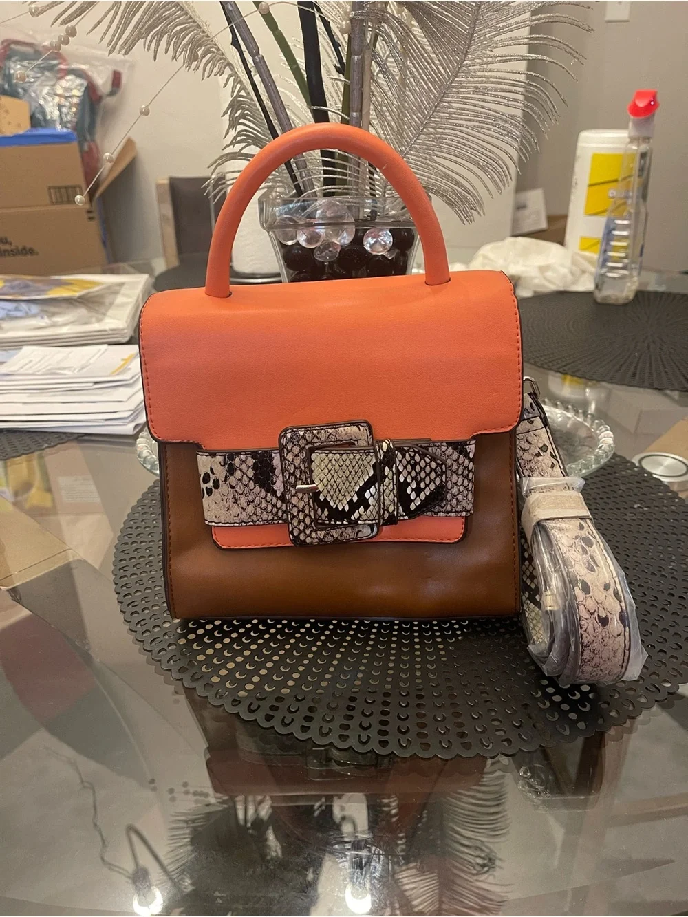 Christian Lacroix Orange & Brown Satchel with Snake-Print Accent